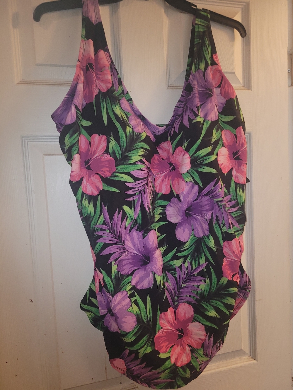Floral V-Neck Women's Top in Black with Pink & Purple Blooms